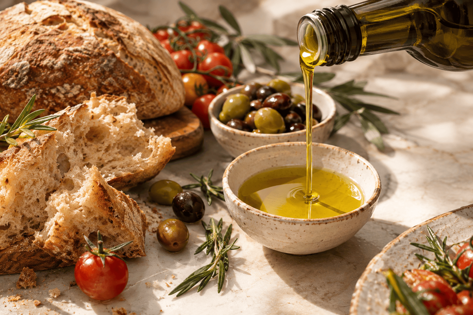 Table méditerranéenne avec huile d'olive vierge extra